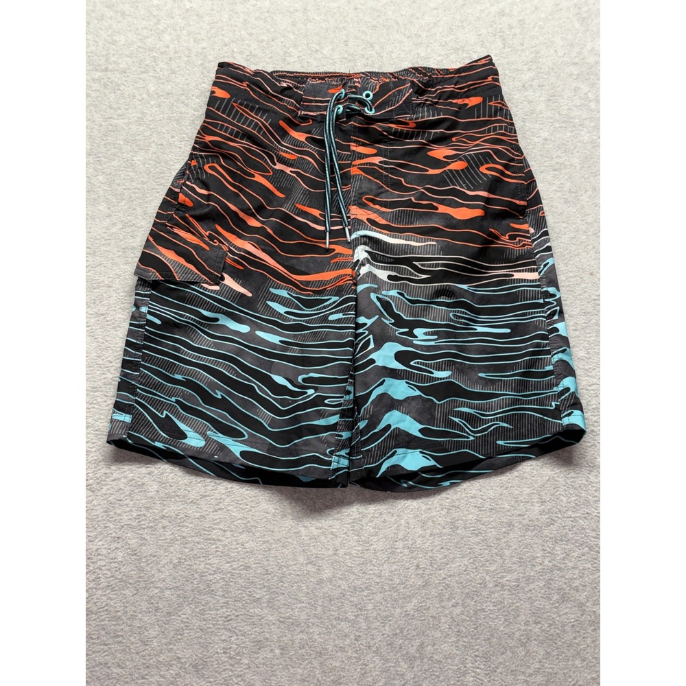 George Mens Board Shorts Black Orange Blue Abstract Wave Swim Trunks Small 28-30